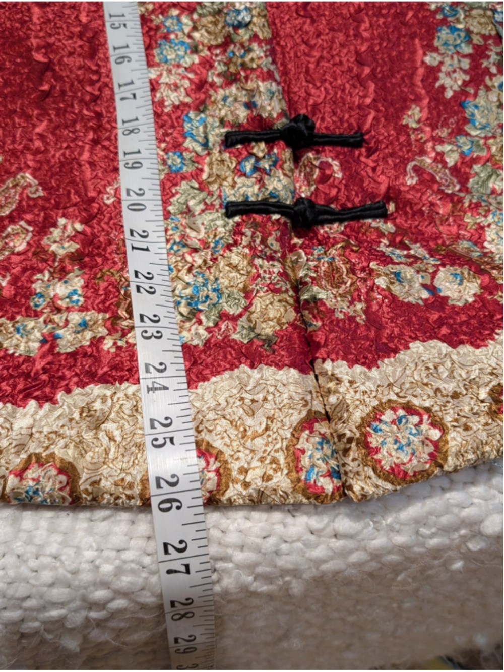 697 - Red Brocade Mandarin Collar Frog Closure Faux Fur Jacket XL - Picture 11 of 12